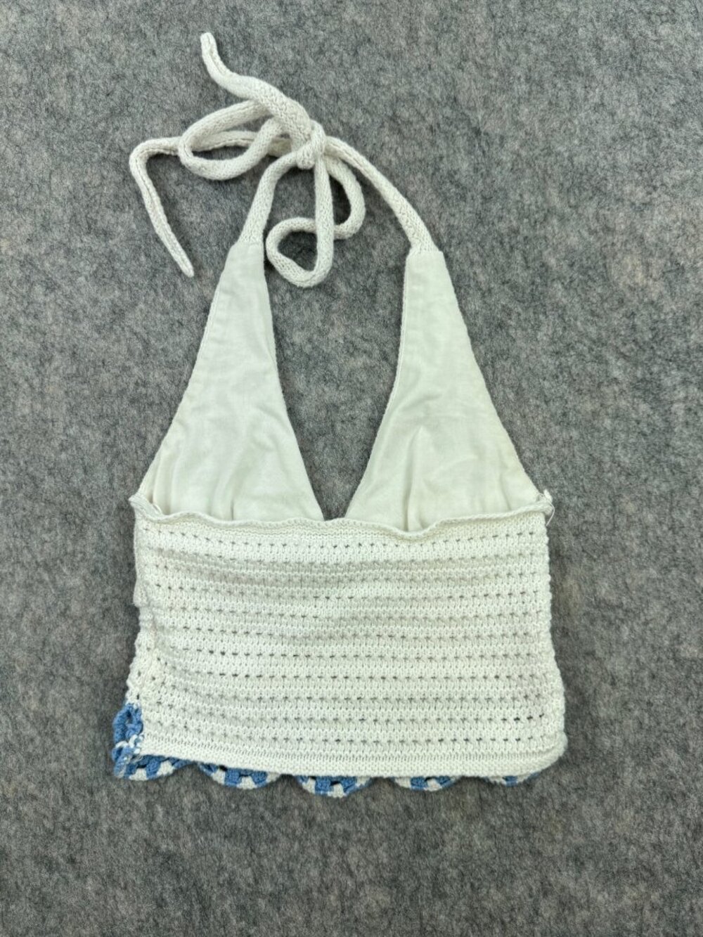 Hollister Crochet Halter Top White Blue Flowers Sz S V Neck 70s - Picture 2 of 10